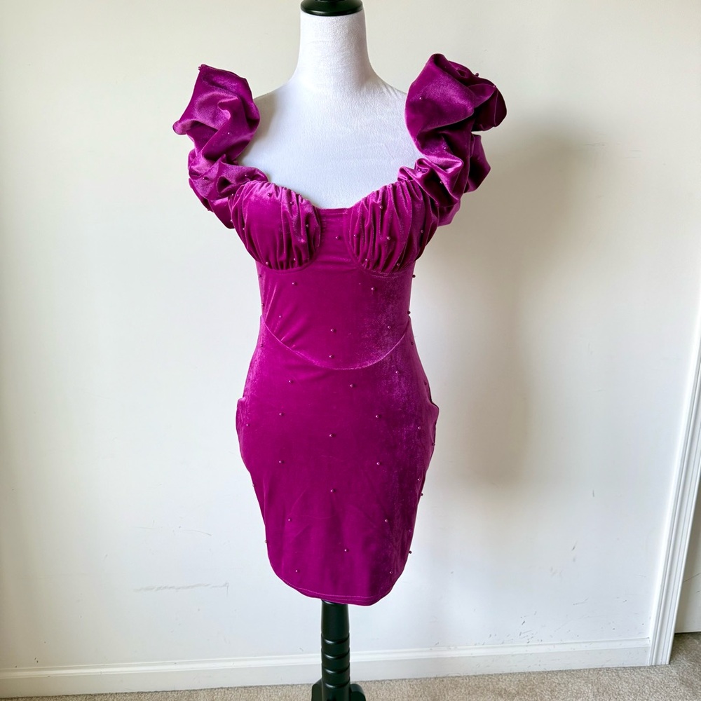 Windsor Rachael Velvet Faux Pearl Ruffled Off The Shoulder Mini Dress—SZ. Medium